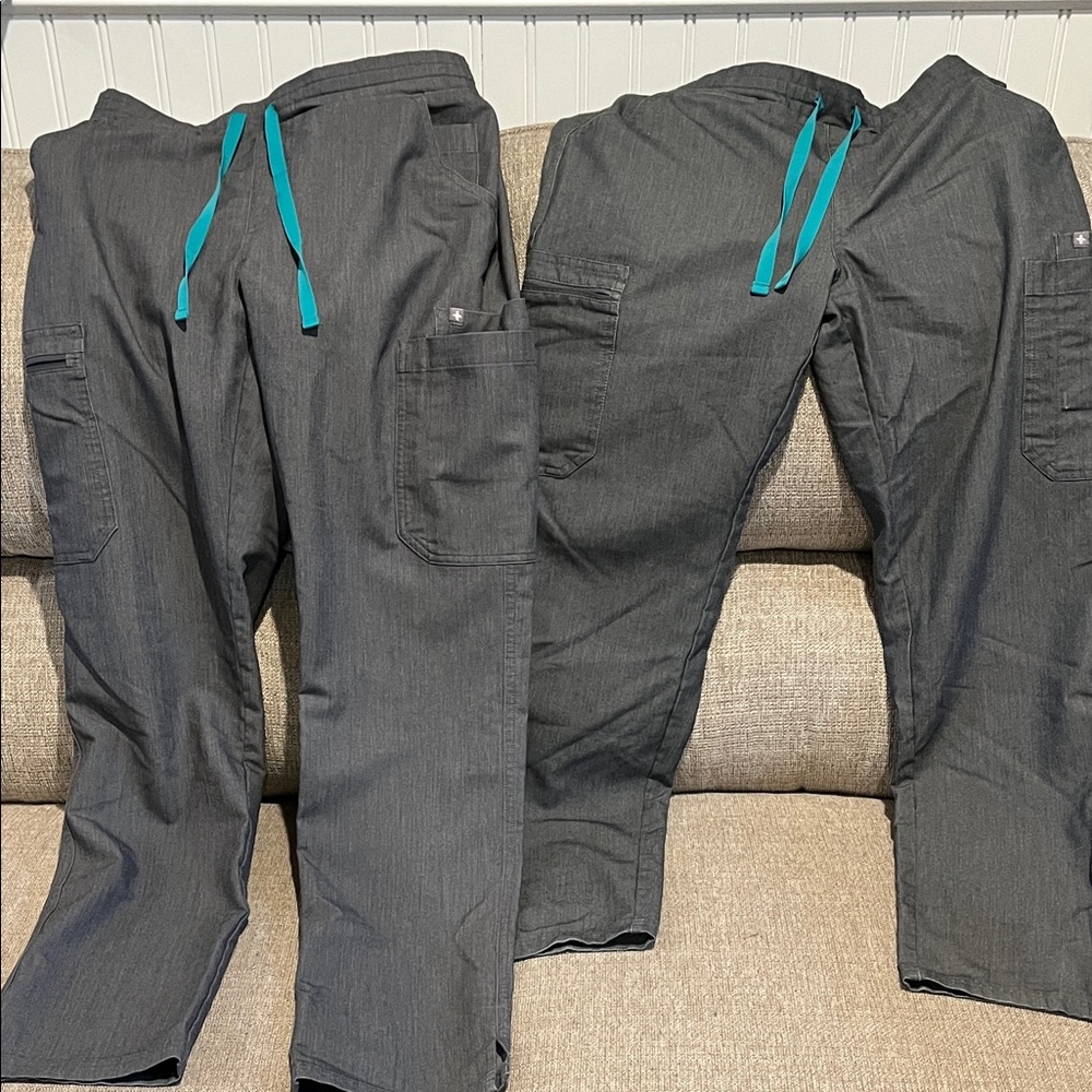 Charcoal Cargo Scrub Pants with Teal Drawstring SET OF 2